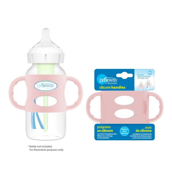 Light Pink Wide-Neck Silicone Handles, Packaged and on Bottle