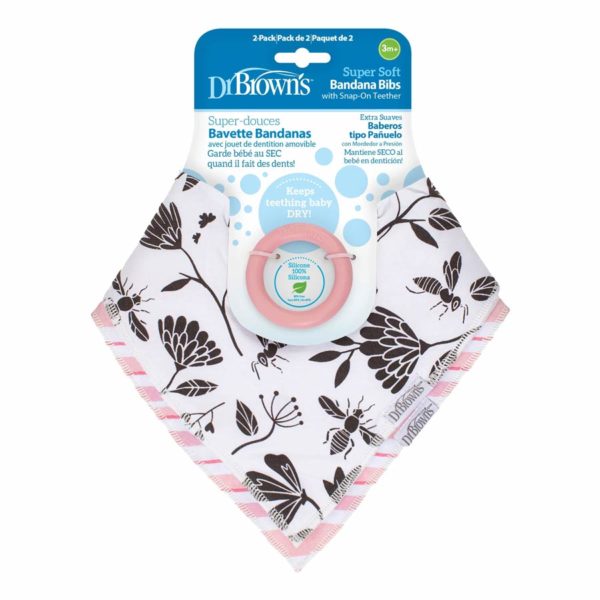 Bandana Bibs with Teether, Flowers & Pink Stripes, Packaged