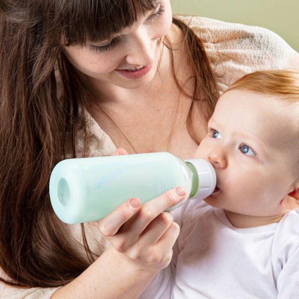Parent and baby with 8oz Narrow Glass Bottle with Silicone Sleeve