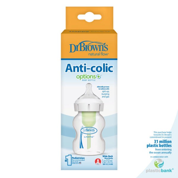 A package of Dr. Brown’s Natural Flow® Options+™ Anti-Colic Wide-Neck Bottle 5 ounce