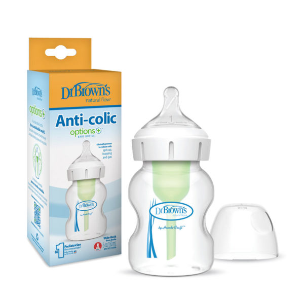 Dr. Brown’s Natural Flow® Options+™ Anti-Colic Wide-Neck Bottle 5 ounce, product and package
