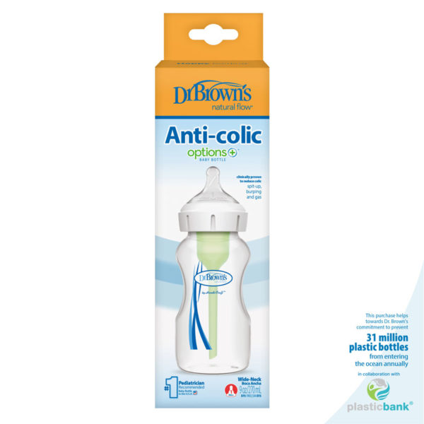 A package of Dr. Brown’s Natural Flow® Options+™ Anti-Colic Wide-Neck Bottle 9 ounce