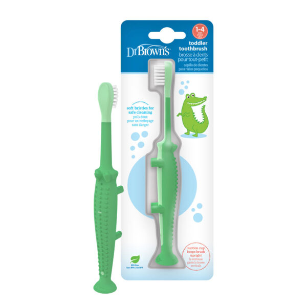 Green Crocodile toddler toothbrush, product & packaging