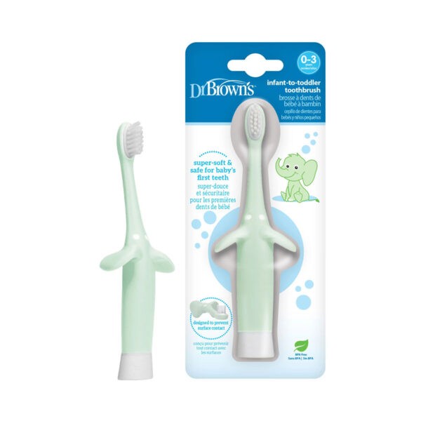 Mint Elephant toddler toothbrush, product and packaging