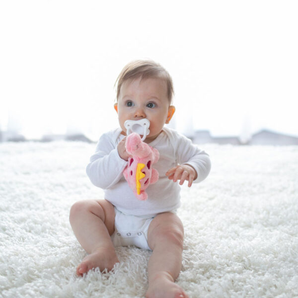 Infant holding Dino Lovey with white pacifier