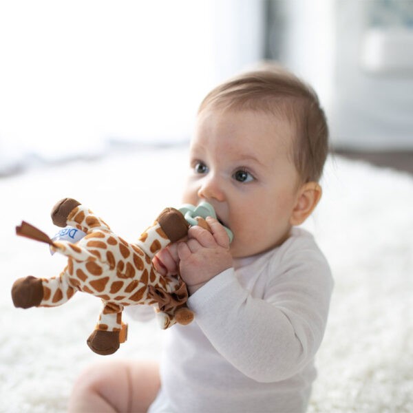 Infant with a Giraffe Lovey and green pacifier