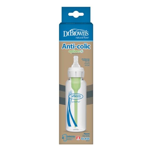 Package of Dr. Brown’s Natural Flow® Options+™ Anti-colic GLASS Baby Bottle, 8oz