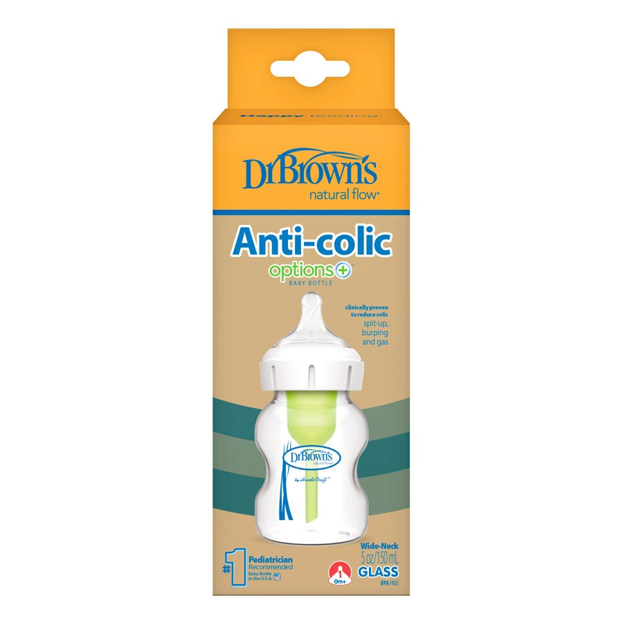 Dr. Brown's Natural Flow® Anti-Colic Options+™ Wide-Neck Glass Baby Bottle,  with Level 1 Slow Flow Nipple