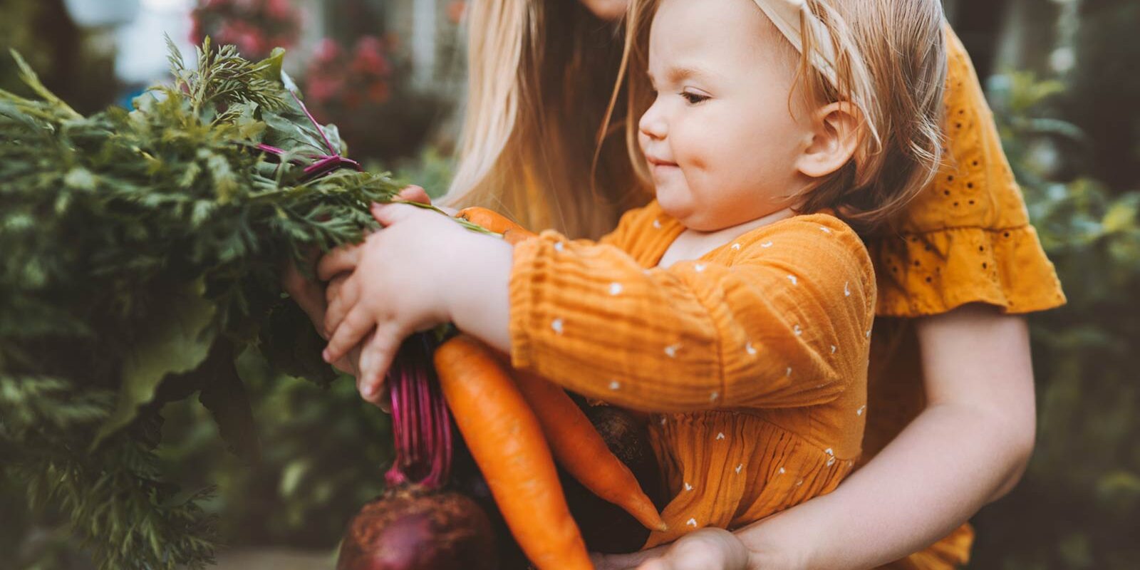 Toddler holding produce with parent