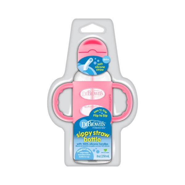 Narrow Pink Sippy Straw Bottle, Packaged