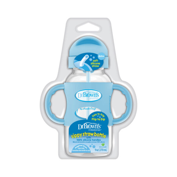 Blue Wide-Neck Sippy Straw Bottle, Packaged