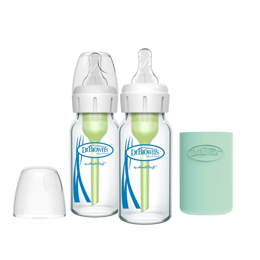 Dr. Brown's Natural Flow Anti-Colic Options+ Narrow Glass Baby Bottle 8  oz/250 mL, with Level 1 Slow Flow Nipple, 2 Pack, 0m+ 
