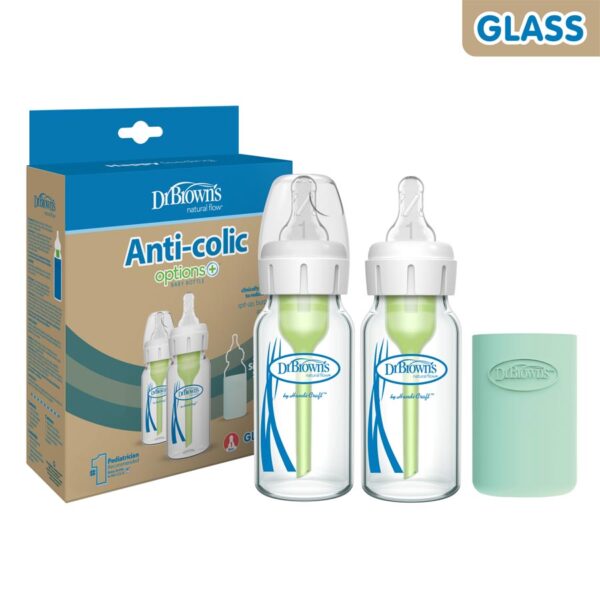 Options+ Narrow Glass Bottle with Silicone Sleeve, 4oz - Package and Product