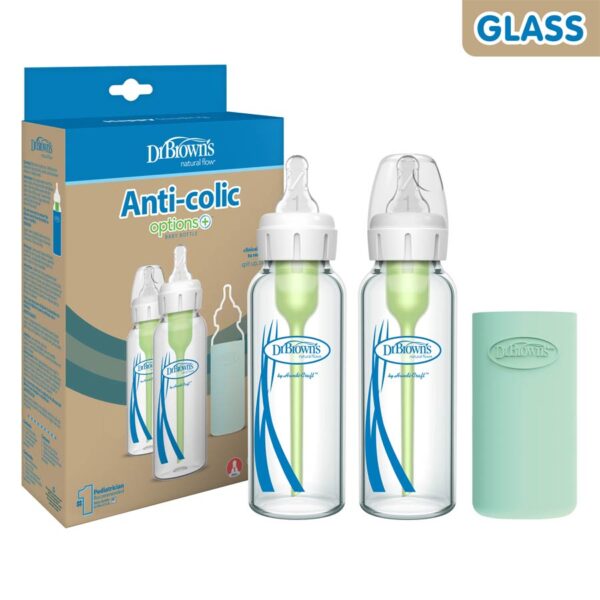 Options+ Narrow Glass Bottle with Silicone Sleeve, 8oz, Package and Product