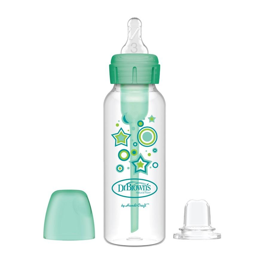 Seamless pattern of plastic transparent baby bottles with silicone